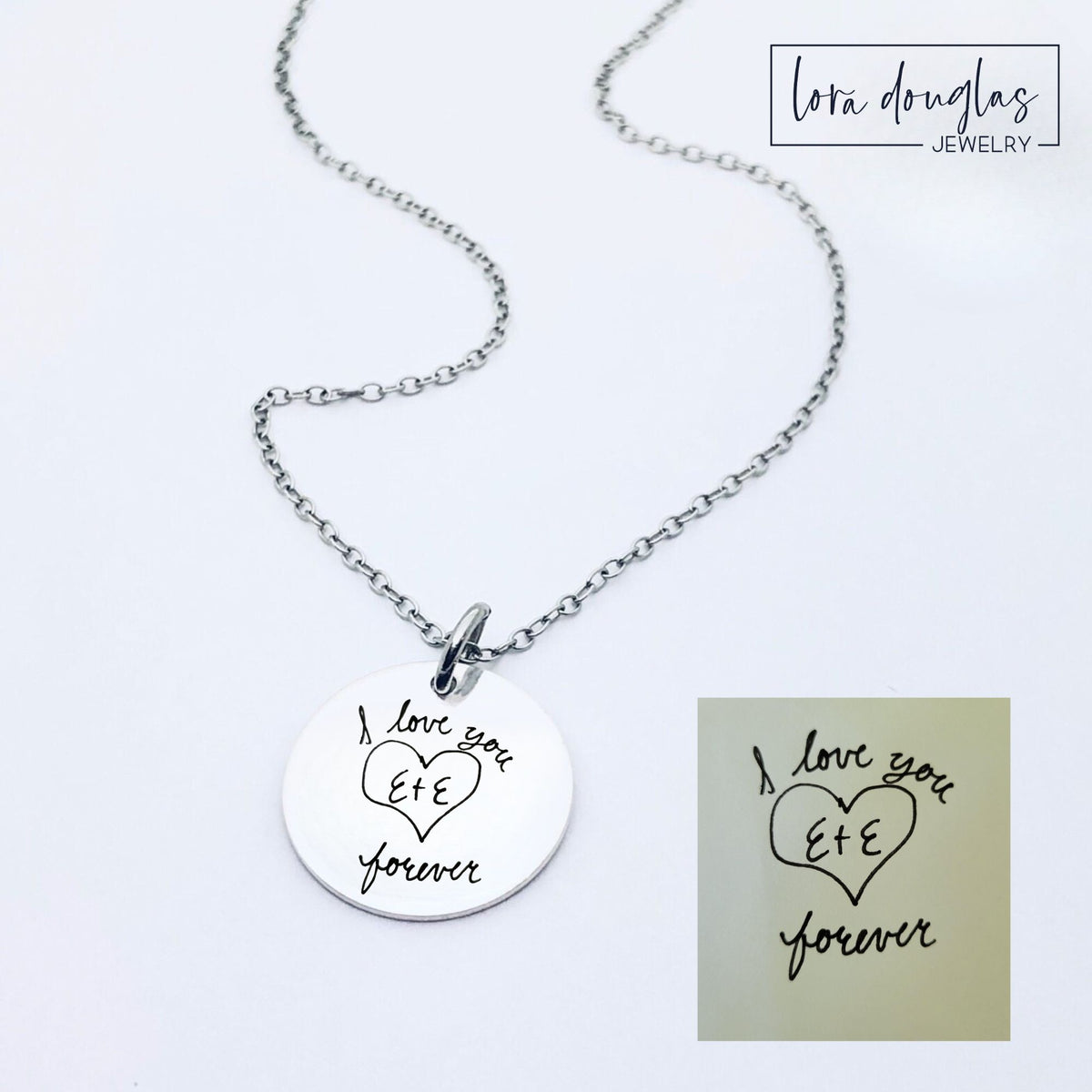 Custom artwork necklace featuring a child's handwritten drawing or doodle engraved onto a round stainless steel pendant, with silver, gold, and rose gold options for preserving a favorite piece of childhood artwork as jewelry.