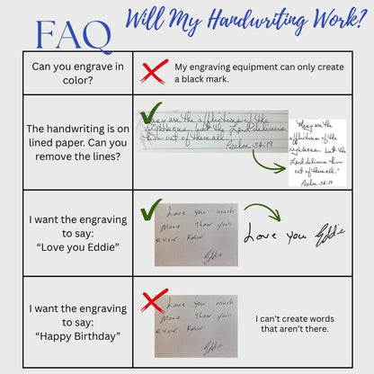 A FAQ-style informational graphic with the heading 'FAQ Will My Handwriting Work?' and a table explaining engraving limitations, such as color options, line removal, and text capability, with handwritten sample notes and check/red叉 marks.