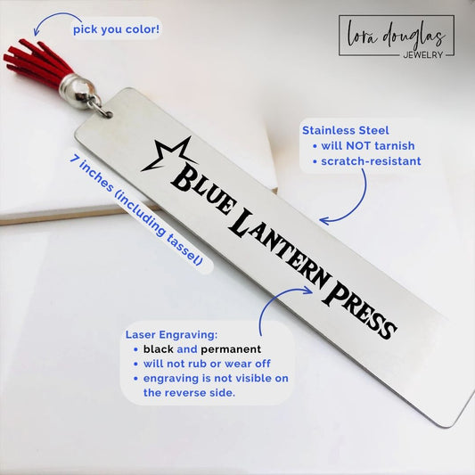 Personalized logo bookmark laser engraved on brushed stainless steel with a colorful tassel. Professional promotional giveaway for businesses, nonprofits, schools, conferences, corporate events, and employee appreciation programs.