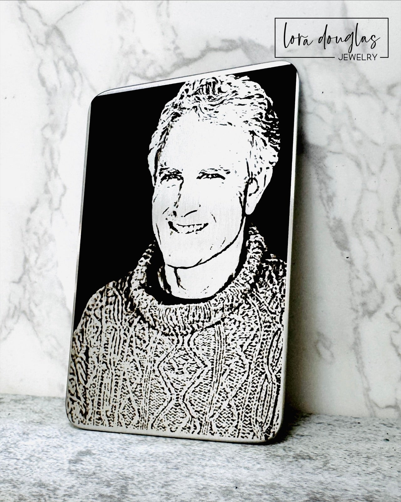 Personalized metal wallet card engraved with a child's drawing or handwritten message for Mom, Dad, Grandma, or Grandpa. Thoughtful Father's Day, Mother's Day, birthday, Christmas, or grandparent keepsake from children.