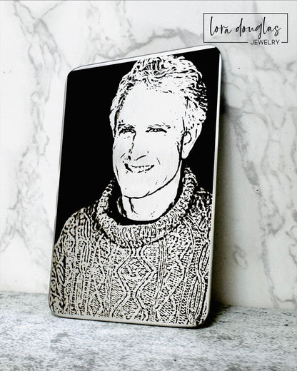 Personalized metal wallet card engraved with a child's drawing or handwritten message for Mom, Dad, Grandma, or Grandpa. Thoughtful Father's Day, Mother's Day, birthday, Christmas, or grandparent keepsake from children.