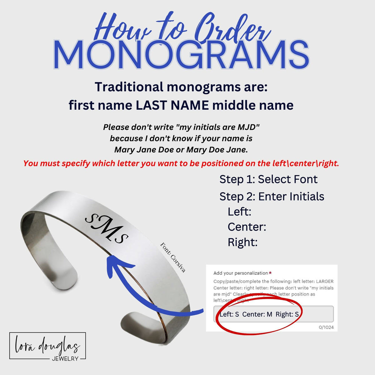 Personalized name bracelet featuring permanent custom laser engraving on a stainless steel open cuff, with multiple font choices, bracelet sizes, and widths for creating understated custom jewelry for everyday wear.