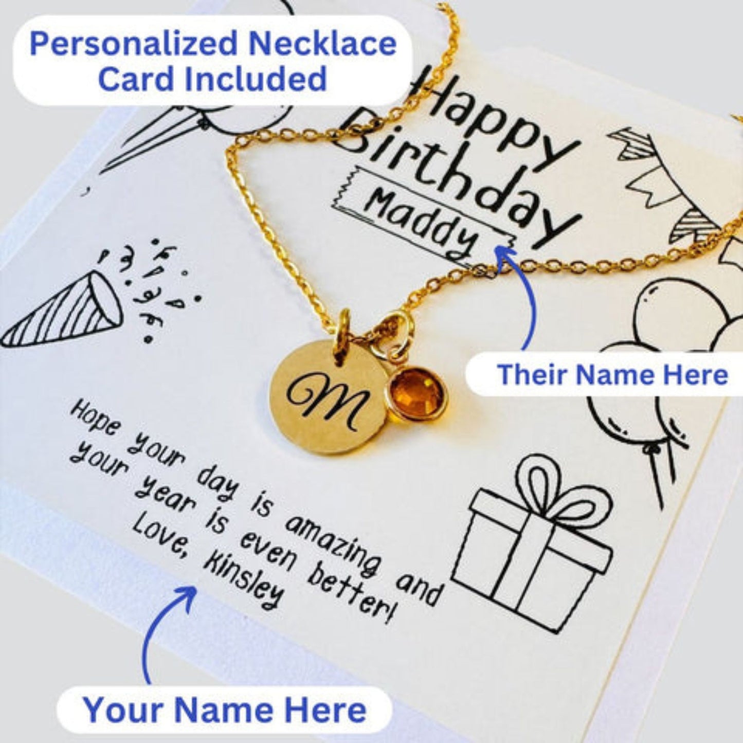Personalized necklace with a gold chain and round pendant on a birthday card with customizable text.