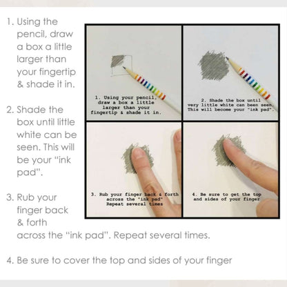 Instructional graphic showing how to make an ink pad. The left side lists four numbered steps in text, and the right side shows a four-panel sequence with a hand holding a pencil and rubbing a gray shaded area on a white surface to create the ink pad.