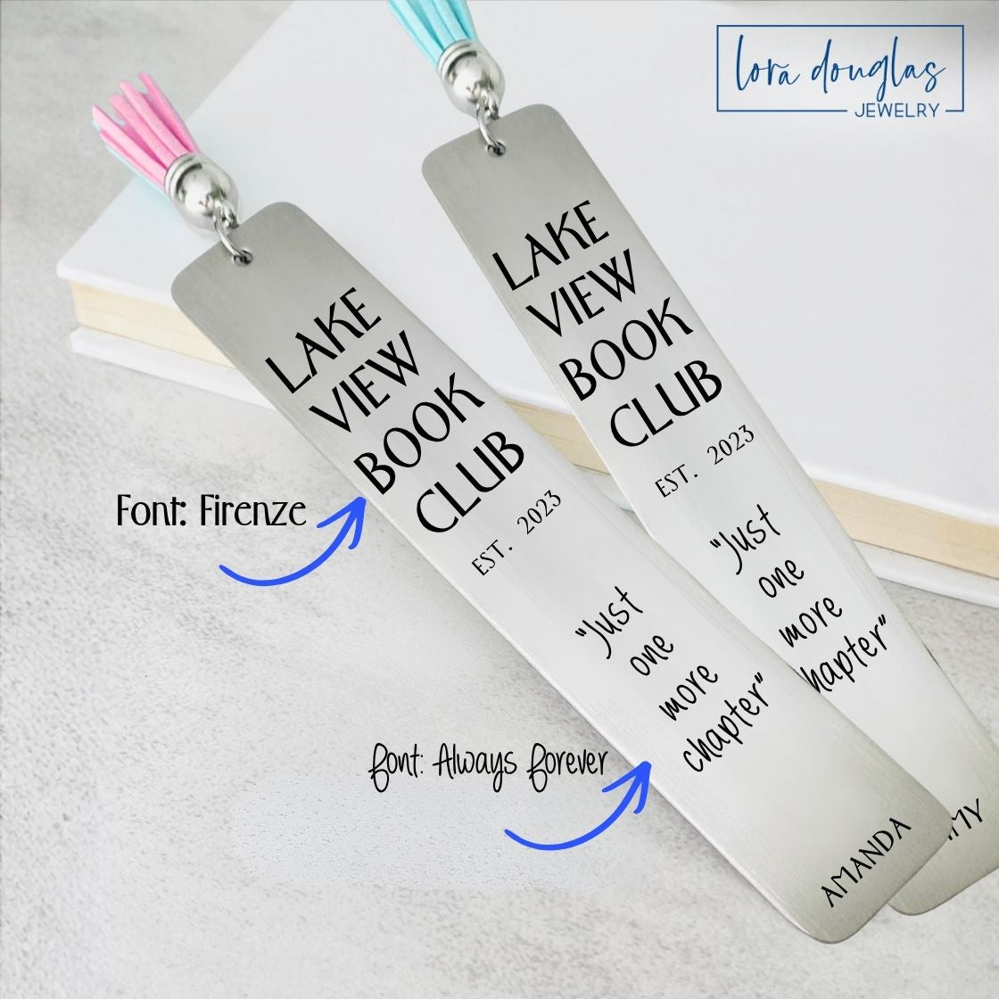 Personalized stainless steel bookmark engraved with custom text, book club name, favorite quote, or logo. Custom reader gift featuring your choice of font, layout, and tassel color for book lovers, book clubs, libraries, and literary events.