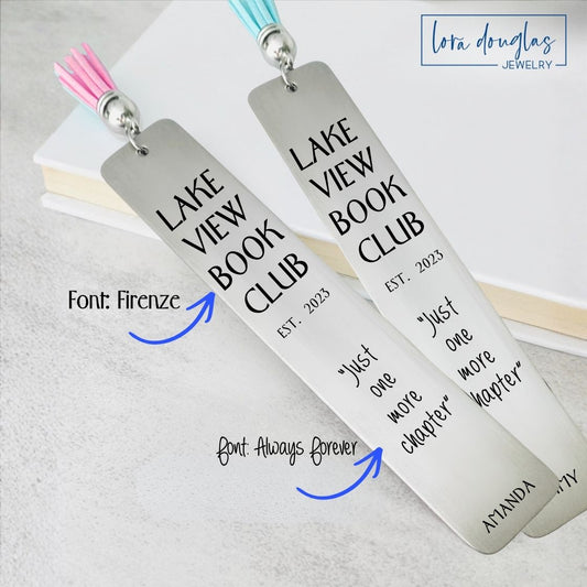 Personalized stainless steel bookmark engraved with custom text, book club name, favorite quote, or logo. Custom reader gift featuring your choice of font, layout, and tassel color for book lovers, book clubs, libraries, and literary events.