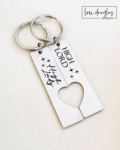 Silver Stainless Steel Keychain set with heart cutouts and High Lord High Lady Engraved and optional personalization 