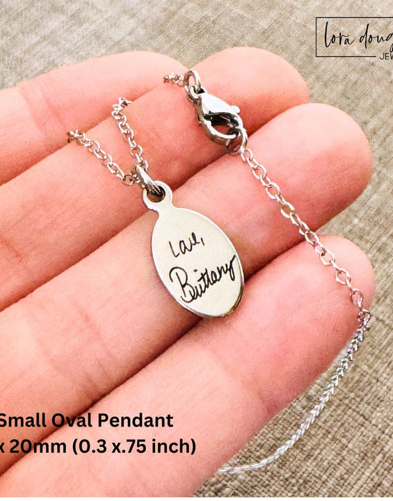 Engraved Handwriting Oval Pendant Necklace - Silver Stainless Steel