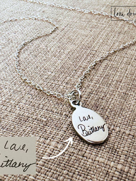 Engraved Handwriting Oval Pendant Necklace - Silver Stainless Steel