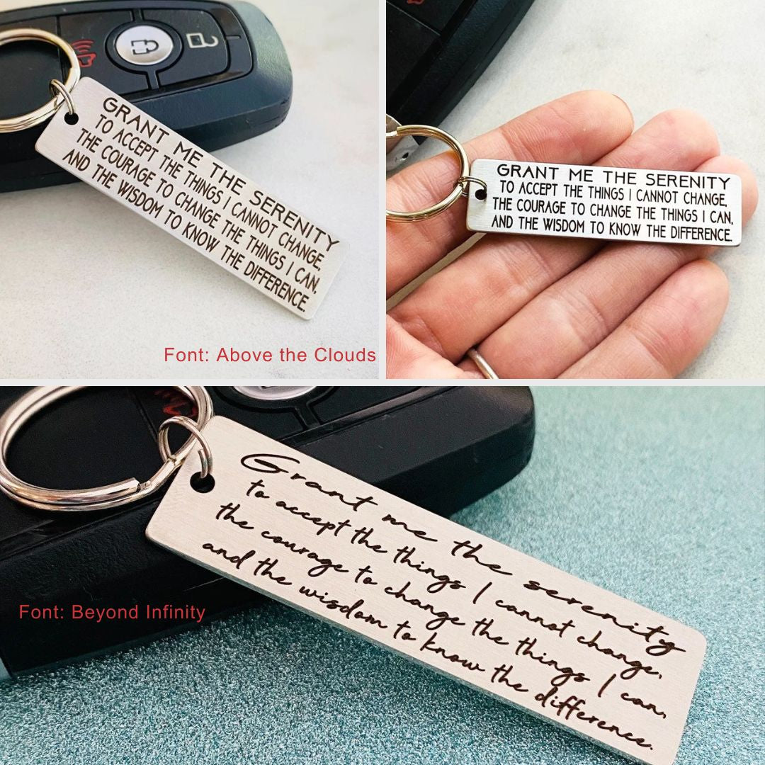 Engraved Serenity Prayer keychain made from stainless steel with permanent laser etched text that will not fade or wear off. Personalized metal keychain measures 50mm by 14mm and includes a sturdy key ring, ideal as a recovery gift, encouragement token, or inspirational everyday accessory for keys or car use.