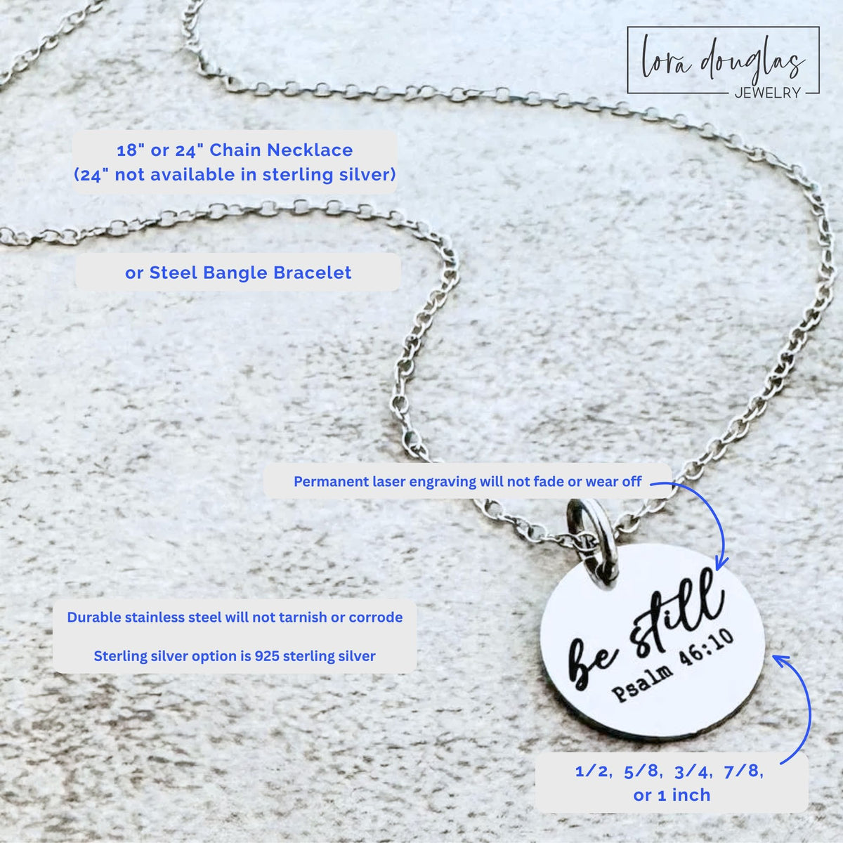 Psalm 46 Christian necklace with Be Still engraving on a round disc pendant, designed as meaningful scripture jewelry for everyday wear and available with multiple metal finishes and necklace lengths.