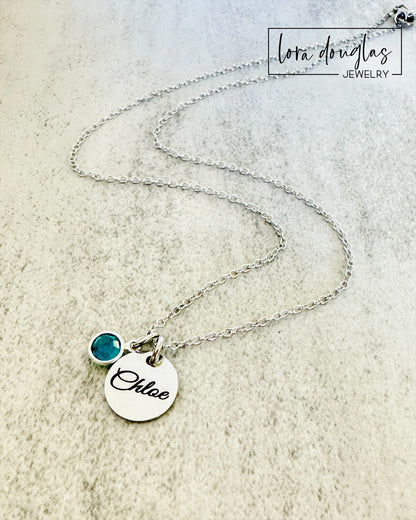 Silver name necklace with birthstone charm. laser engraved personalized necklace