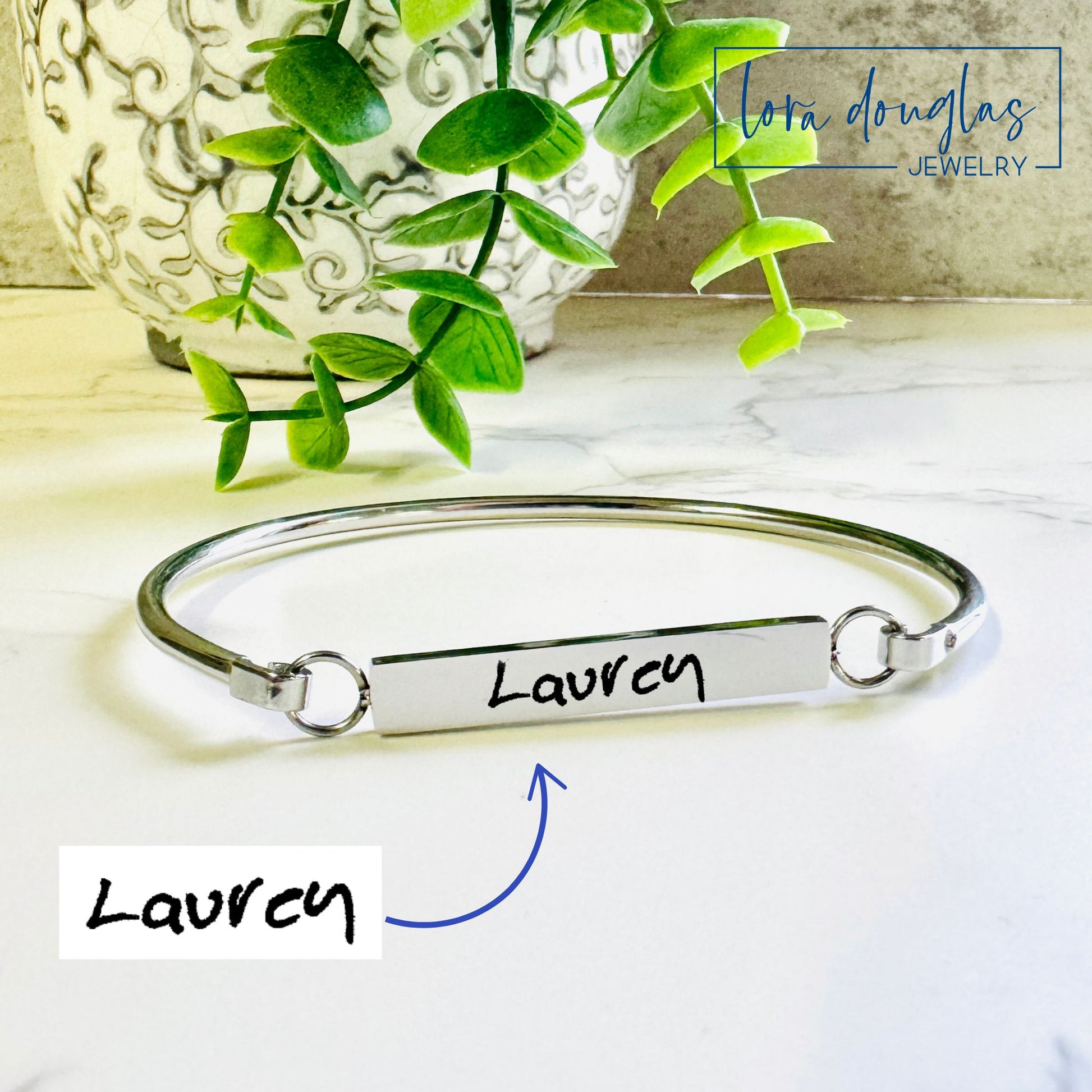 Silver bracelet with engraved with custom handwriting
