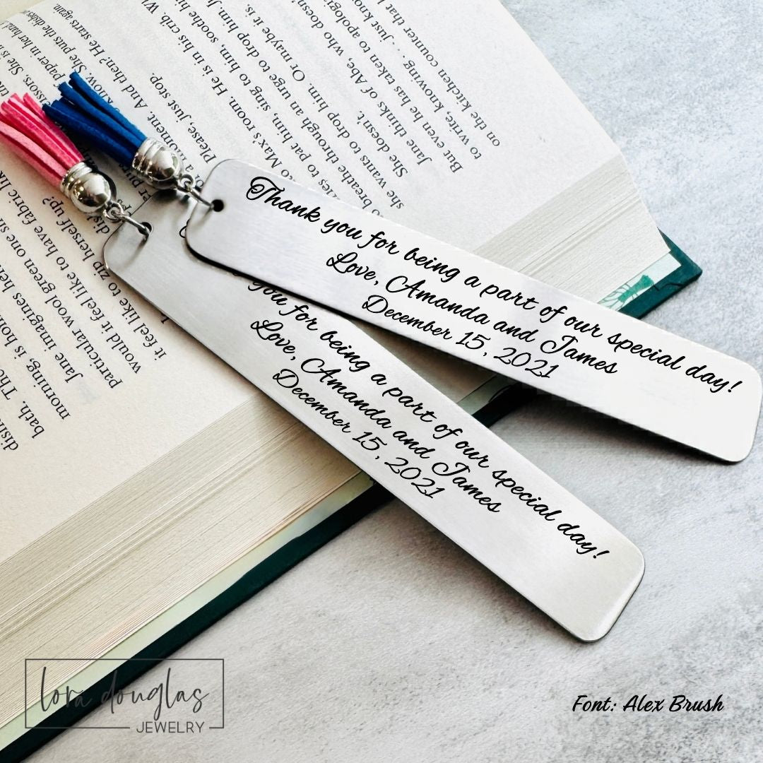 Stainless steel bookmark engraved with "Thank You for Being a Part of Our Special Day" and personalized with the couple's names and wedding date. Thoughtful wedding favor or wedding party gift for bridesmaids, groomsmen, readers, officiants, and honored guests.