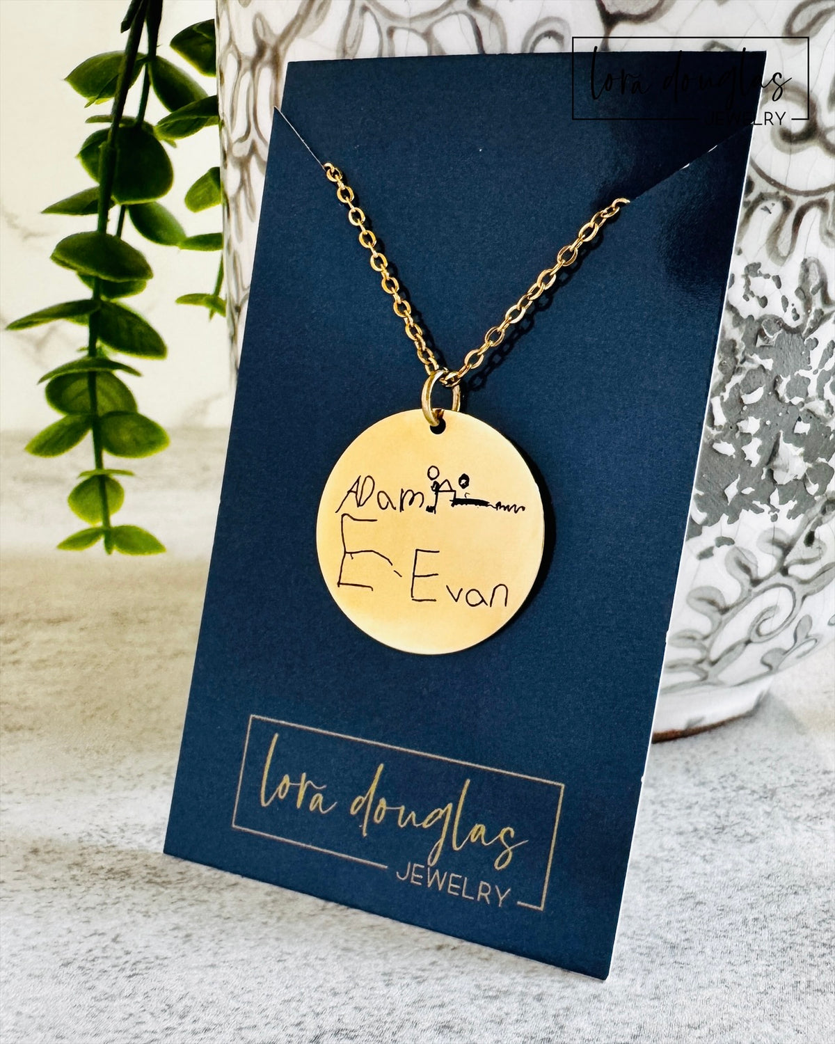Stainless steel engraved handwriting necklace available in silver, gold, and rose gold finishes. Personalized jewelry custom engraved from handwritten notes, signatures, or simple artwork with crisp permanent engraving.