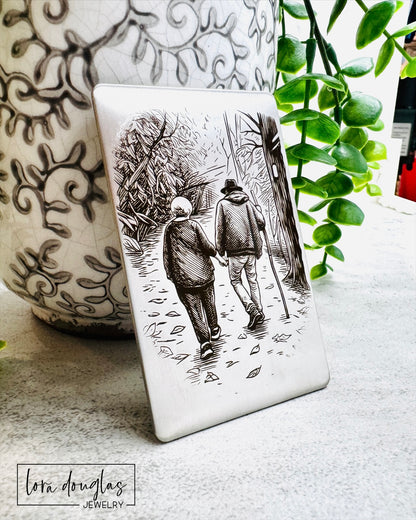 Stainless steel wallet insert engraved with wedding vows, a love note, or actual handwriting supplied by the customer. Romantic personalized gift for a husband, wife, bride, groom, anniversary, wedding day, or long-distance relationship.