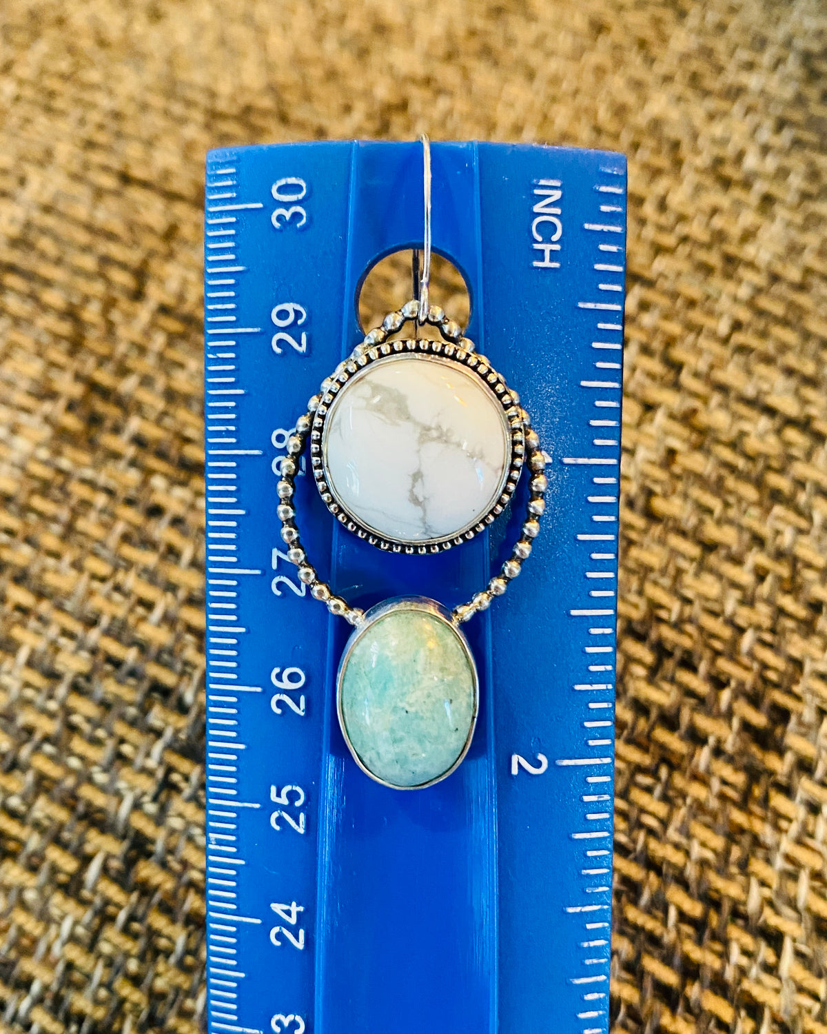 Sterling silver gemstone earrings with marbled white howlite above soft green amazonite stones, creating an approximately 0.8 x 2 inch dangle silhouette for a birthday, anniversary or Mother's Day jewelry gift.
