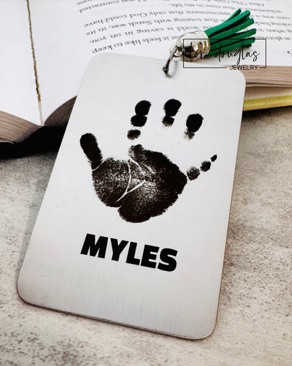 silver bookmark laser engraved with baby's handprint and name