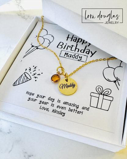 birthday necklace gift for girl. gold charm necklace with crystal birthstone and gift message.