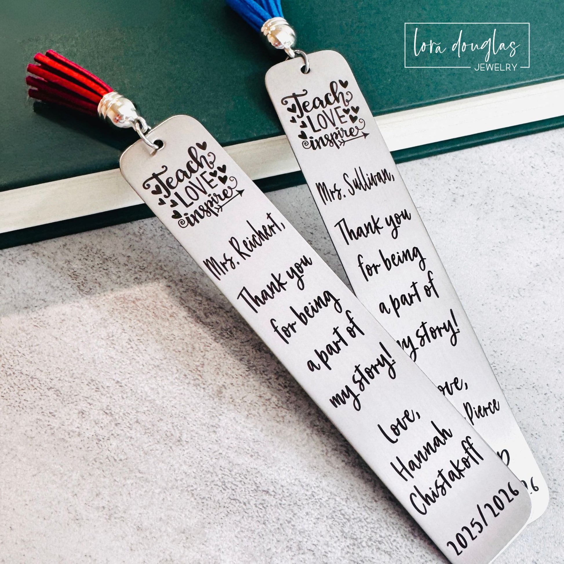 close up of engraved metal teacher bookmark showing personalized message with teacher name child name and year, high contrast laser engraving on stainless steel with smooth brushed finish, designed as a thoughtful teacher appreciation gift