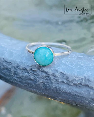 close up of handcrafted Amazonite solitaire sterling silver ring with genuine round Amazonite gemstone, artisan bezel set ring in solid .925 sterling silver perfect for everyday wear or gifting