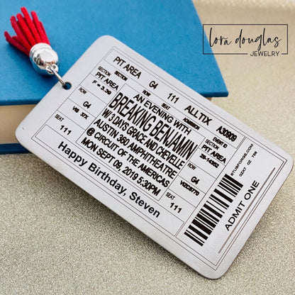 concert ticket bookmark personalized with custom event details engraved on stainless steel bookmark, ticket style keepsake gift with leather tassel designed for concert lovers and surprise ticket reveals