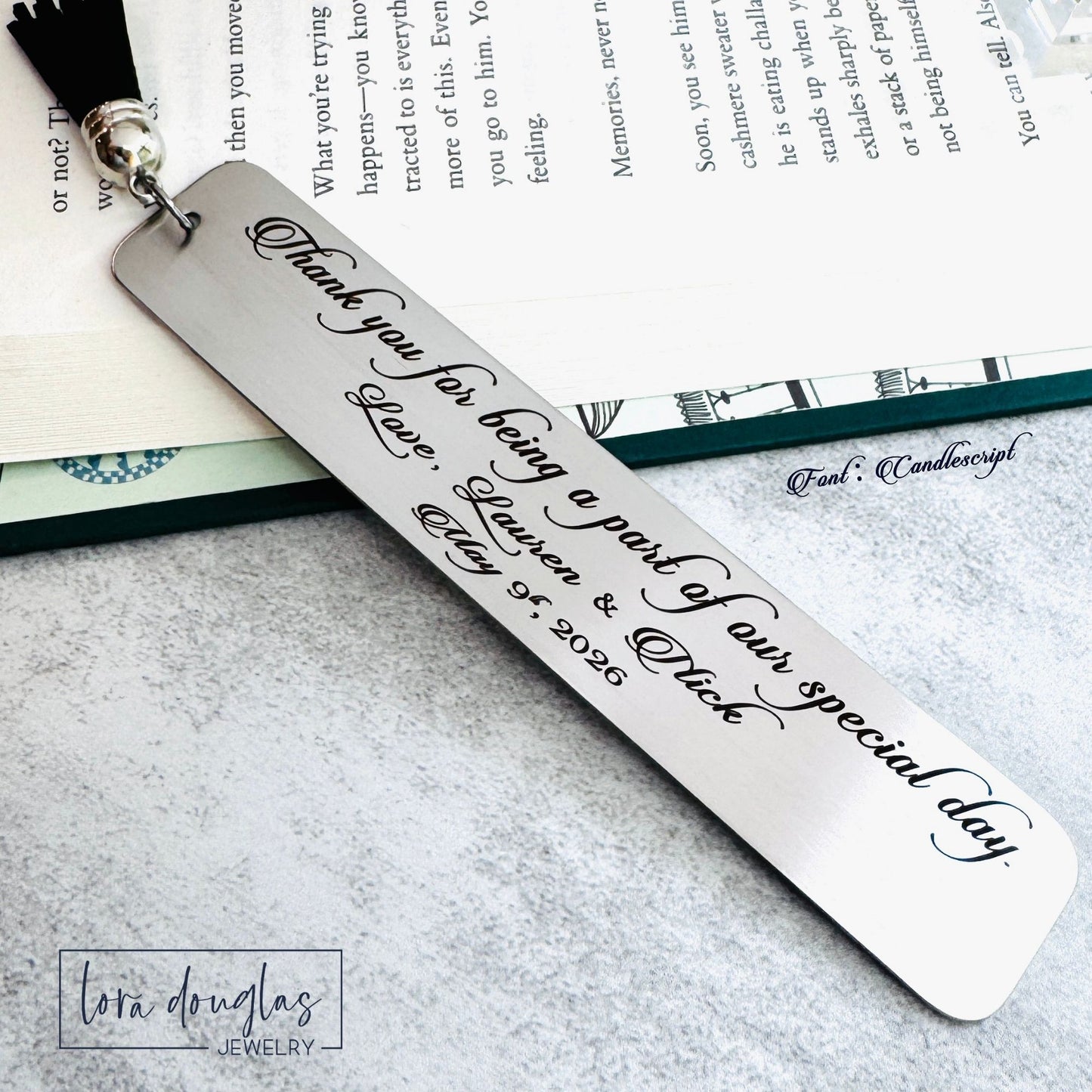 custom engraved stainless steel bookmark featuring personalized message and tassel color choice, durable metal bookmark gift designed for daily reading and memorable keepsake occasions