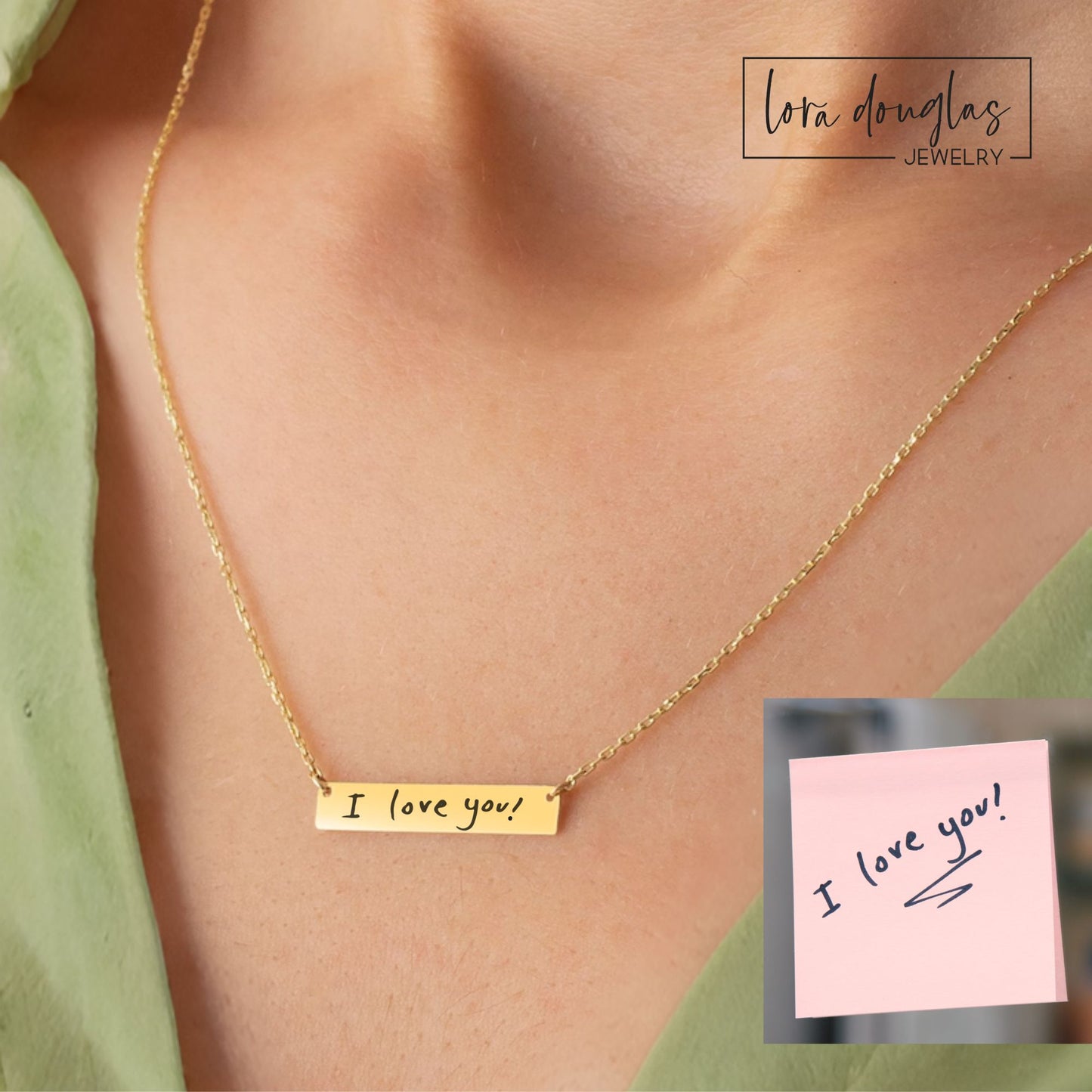 custom handwriting bar necklace engraved with real signature in gold stainless steel