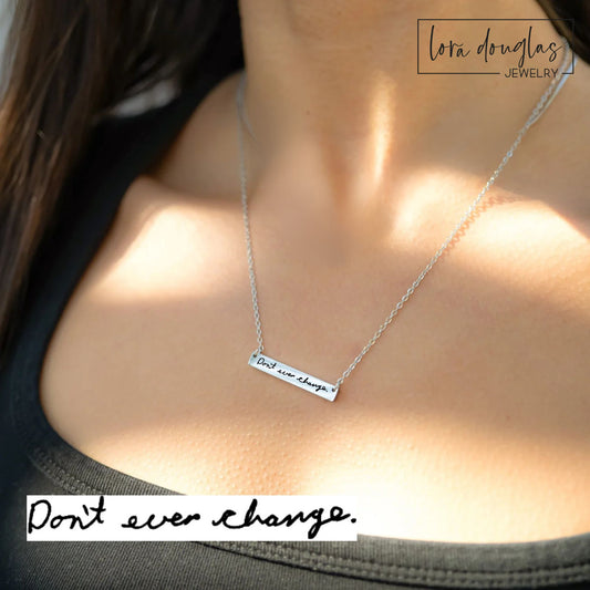 custom handwriting bar necklace engraved with real signature in silver stainless steel