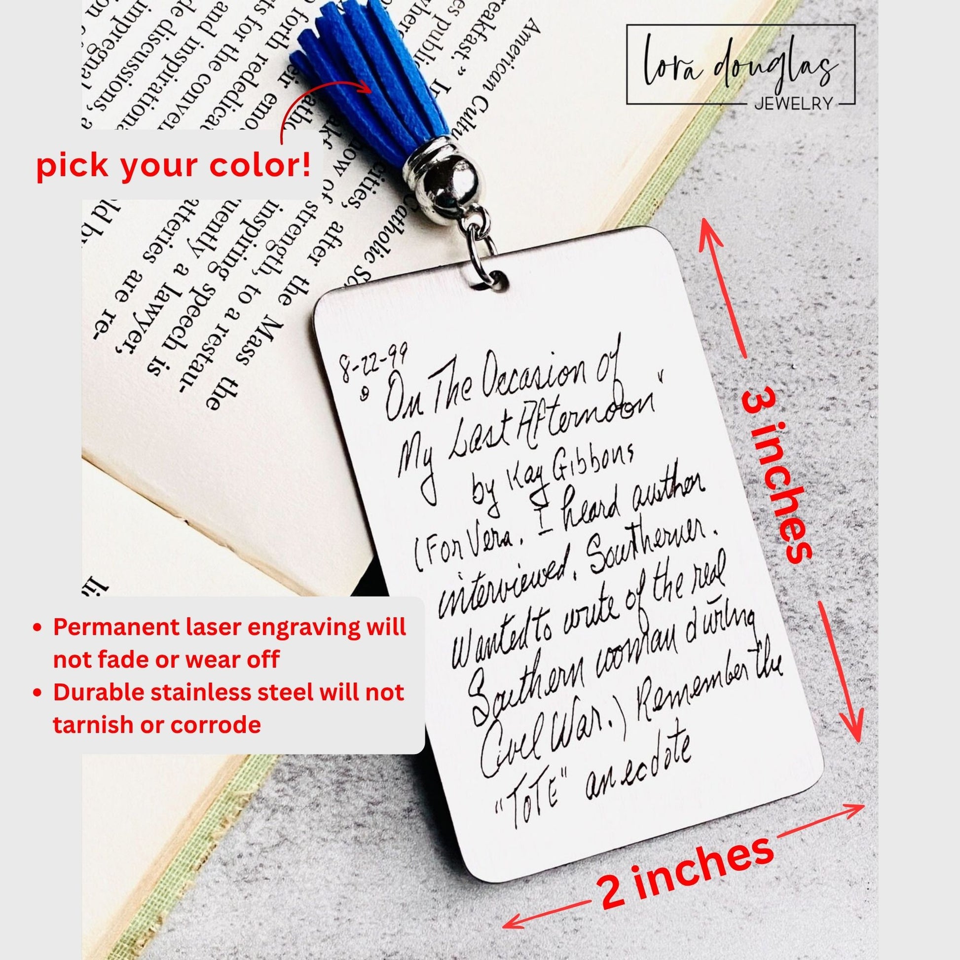 custom handwriting bookmark displayed beside original handwritten note, engraved stainless steel bookmark preserving meaningful handwriting, signatures, or personal messages as keepsake gifts
