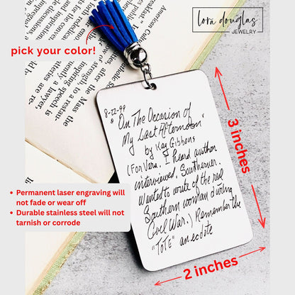 custom handwriting bookmark displayed beside original handwritten note, engraved stainless steel bookmark preserving meaningful handwriting, signatures, or personal messages as keepsake gifts