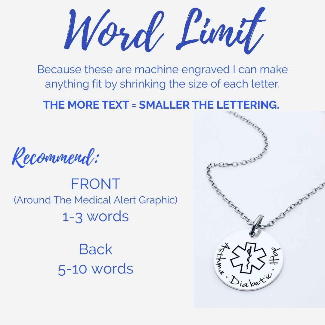 custom medical alert necklace displayed flat on neutral background featuring engraved medical ID symbol and personalized text, stainless steel emergency identification jewelry with polished finish and permanent laser engraving