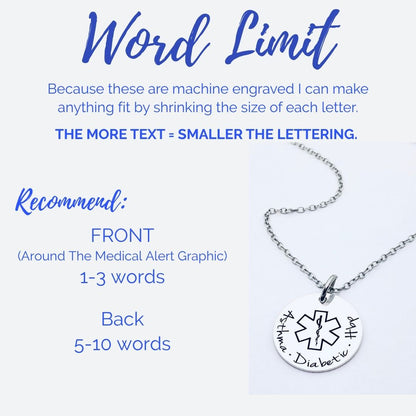 custom medical alert necklace displayed flat on neutral background featuring engraved medical ID symbol and personalized text, stainless steel emergency identification jewelry with polished finish and permanent laser engraving