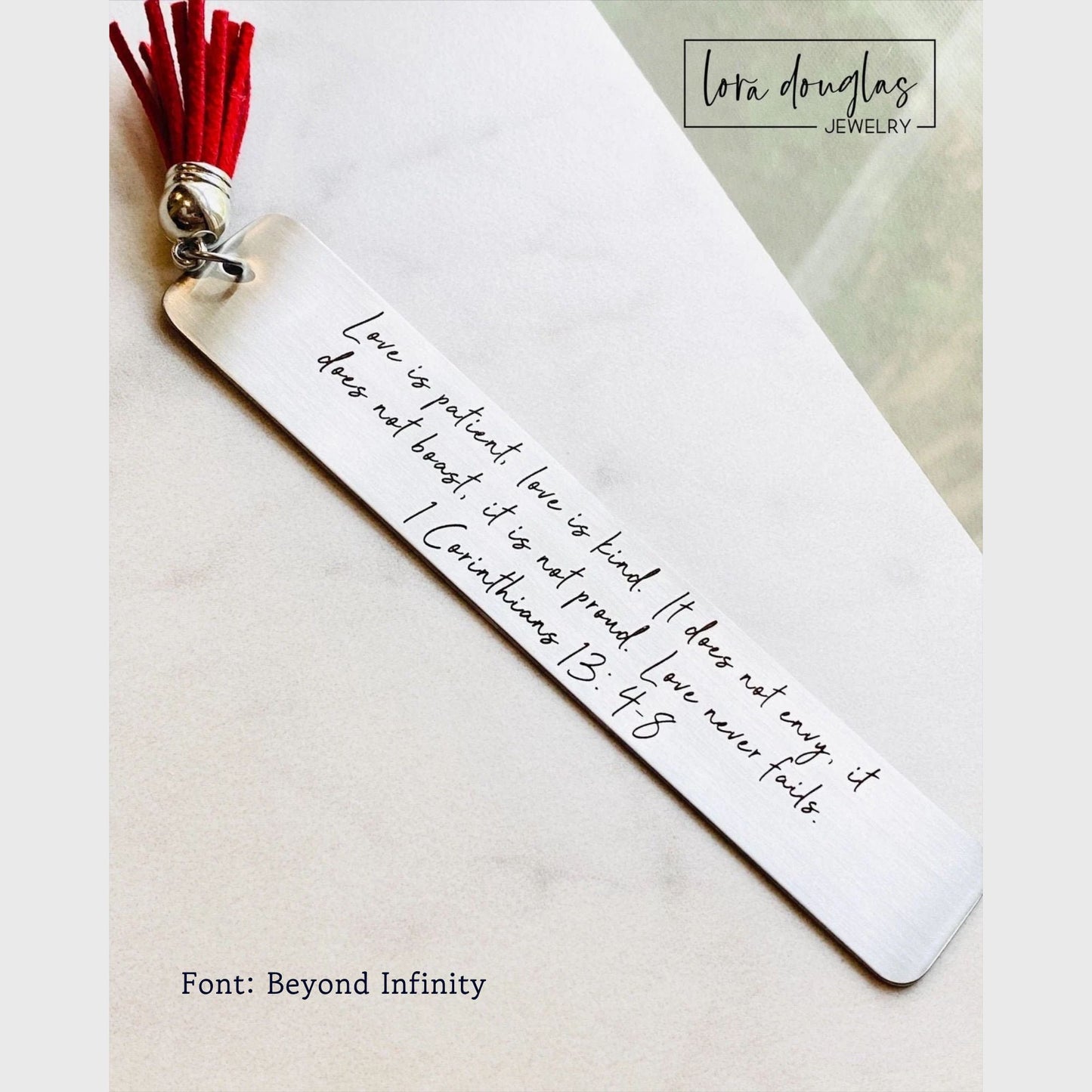custom text bookmark engraved on solid stainless steel with decorative tassel, personalized reading accessory designed for book lovers, teachers, librarians, and anyone who enjoys meaningful keepsake gifts