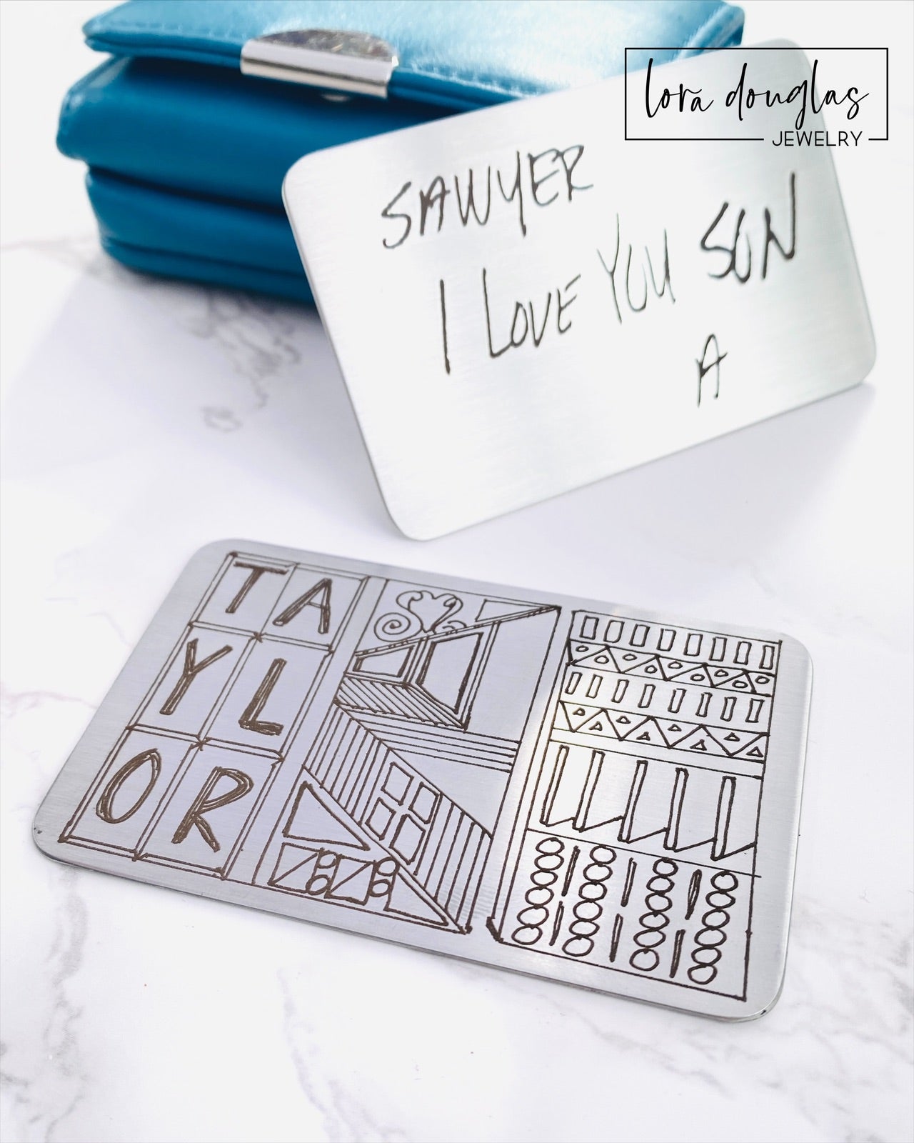 Silver stainless steel wallet card with engraved handwriting. Engrave your handwriting on a standard size wallet card