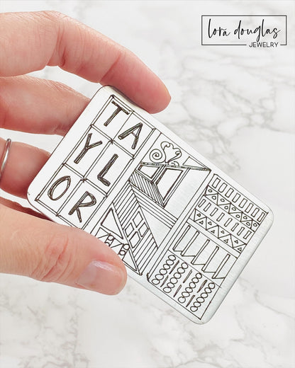 Silver stainless steel wallet card with engraved handwriting. Engrave your handwriting on a standard size wallet card