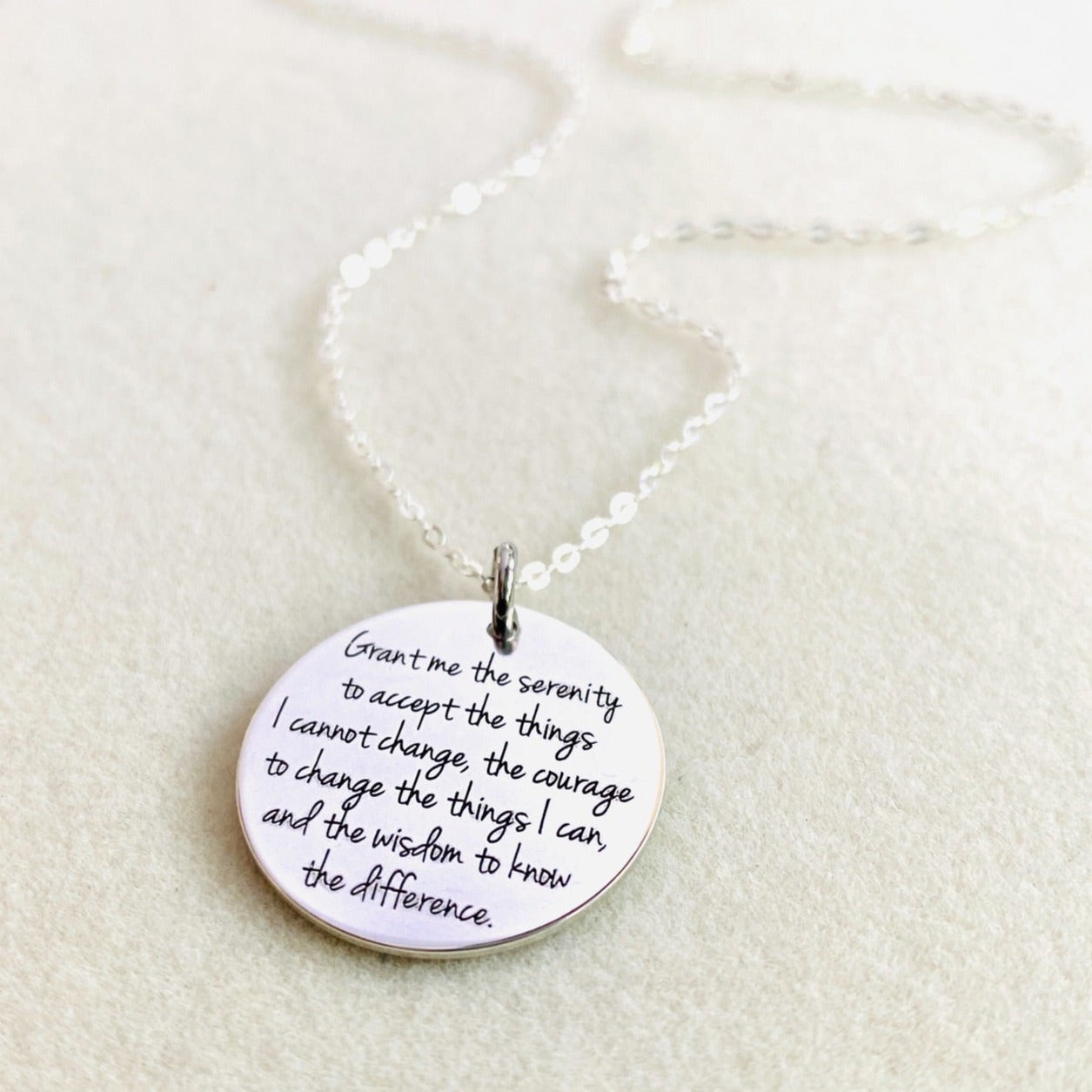 silver serenity prayer charm on silver chain necklace