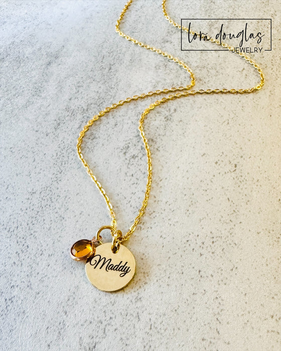 Charm Necklace with Name, Initial, and Birthstone. Birthday Gift Necklace