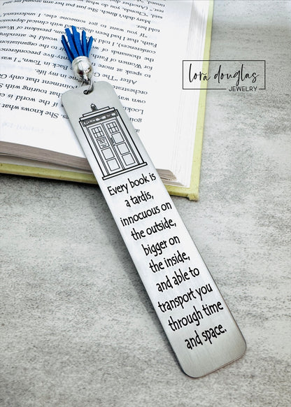 Every Book is a Tardis, Dr. Who Bookmark. Engraved Tassel Bookmark