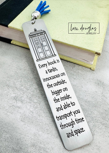 Every Book is a Tardis, Dr. Who Bookmark. Engraved Tassel Bookmark
