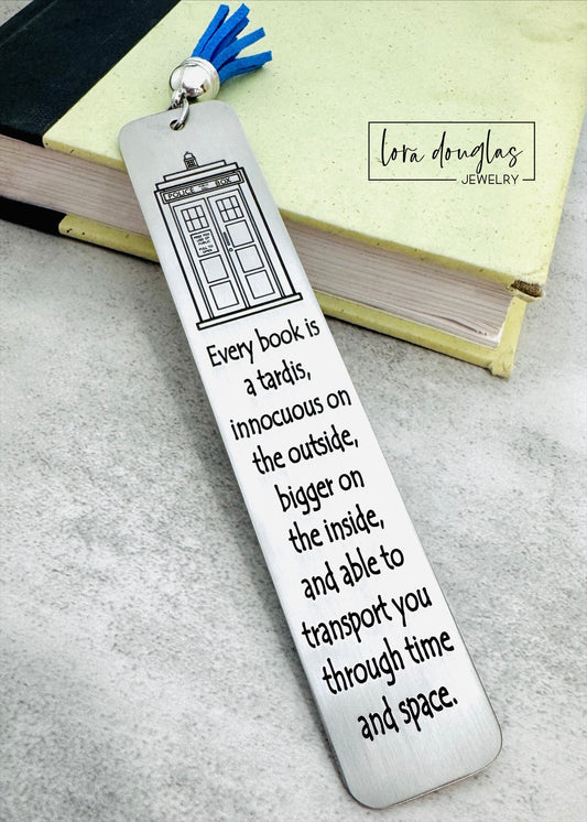 Every Book is a Tardis, Dr. Who Bookmark. Engraved Tassel Bookmark