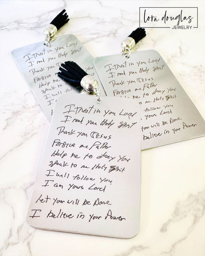 engraved handwriting bookmark featuring real handwritten words transferred onto stainless steel bookmark with tassel, personalized memorial gift and custom keepsake for book lovers