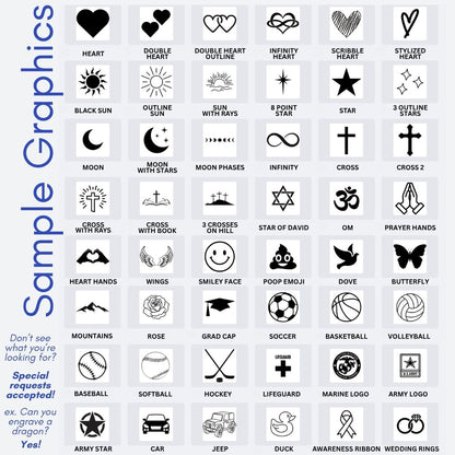 Collection of various sample graphics including hearts, suns, stars, and more on a white background.