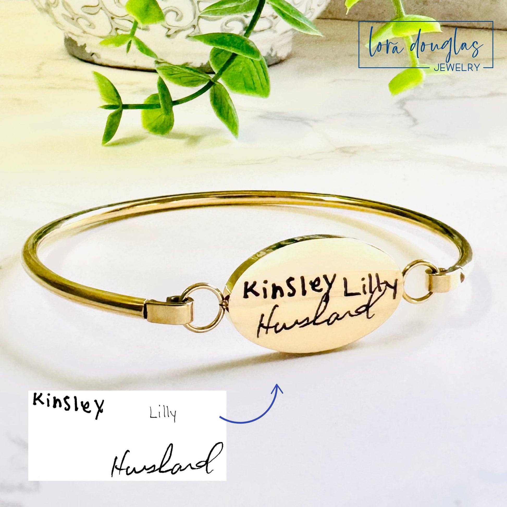 gold engraved handwriting bangle bracelet personalized keepsake