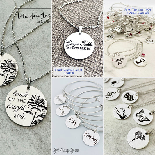 Collection of custom engraved necklaces displaying personalized messages and quotes laser engraved onto round charms designed as sentimental gifts and everyday jewelry.