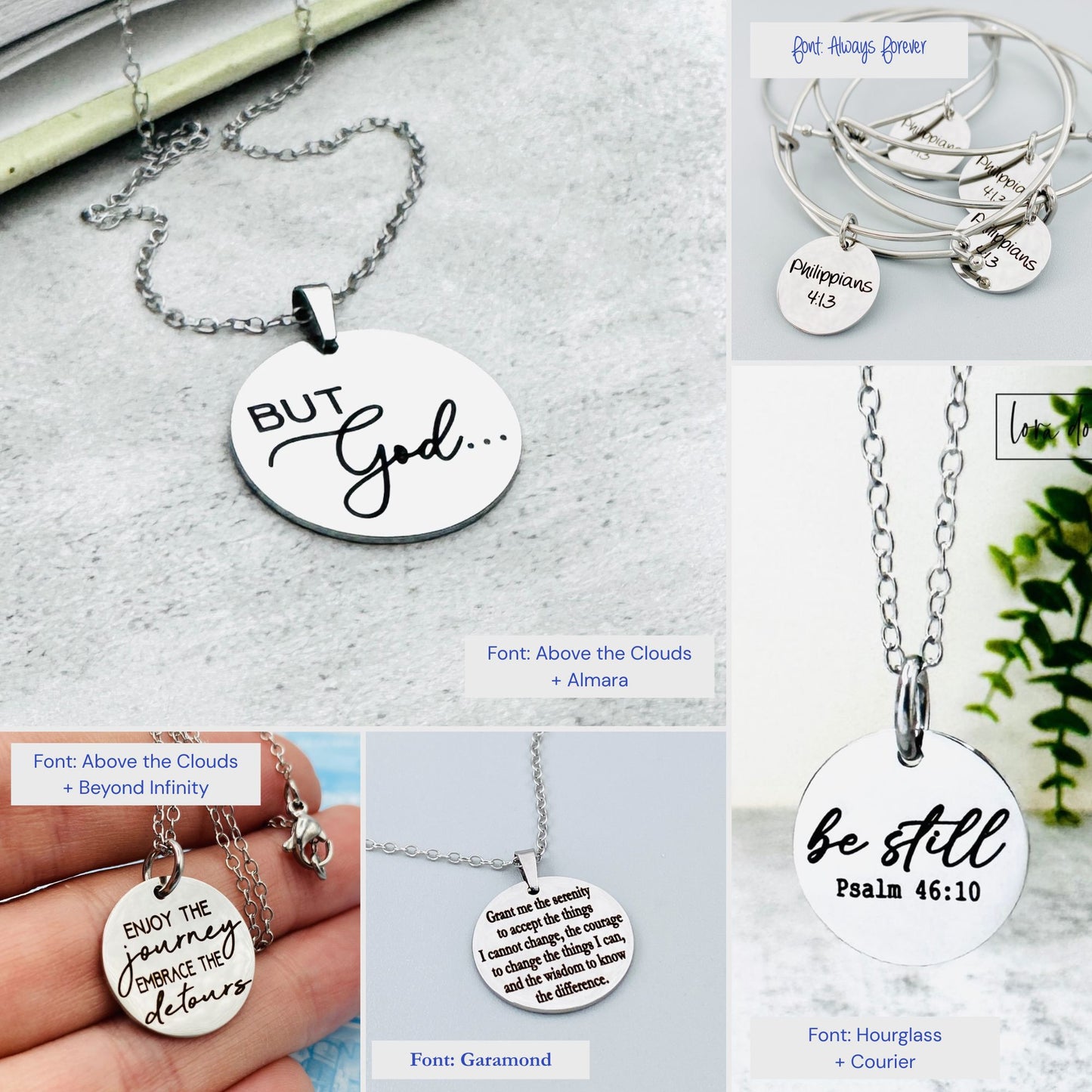 Custom engraved charm jewelry showing examples of personalized text layouts and engraving styles demonstrating customization options for necklaces and bracelets.
