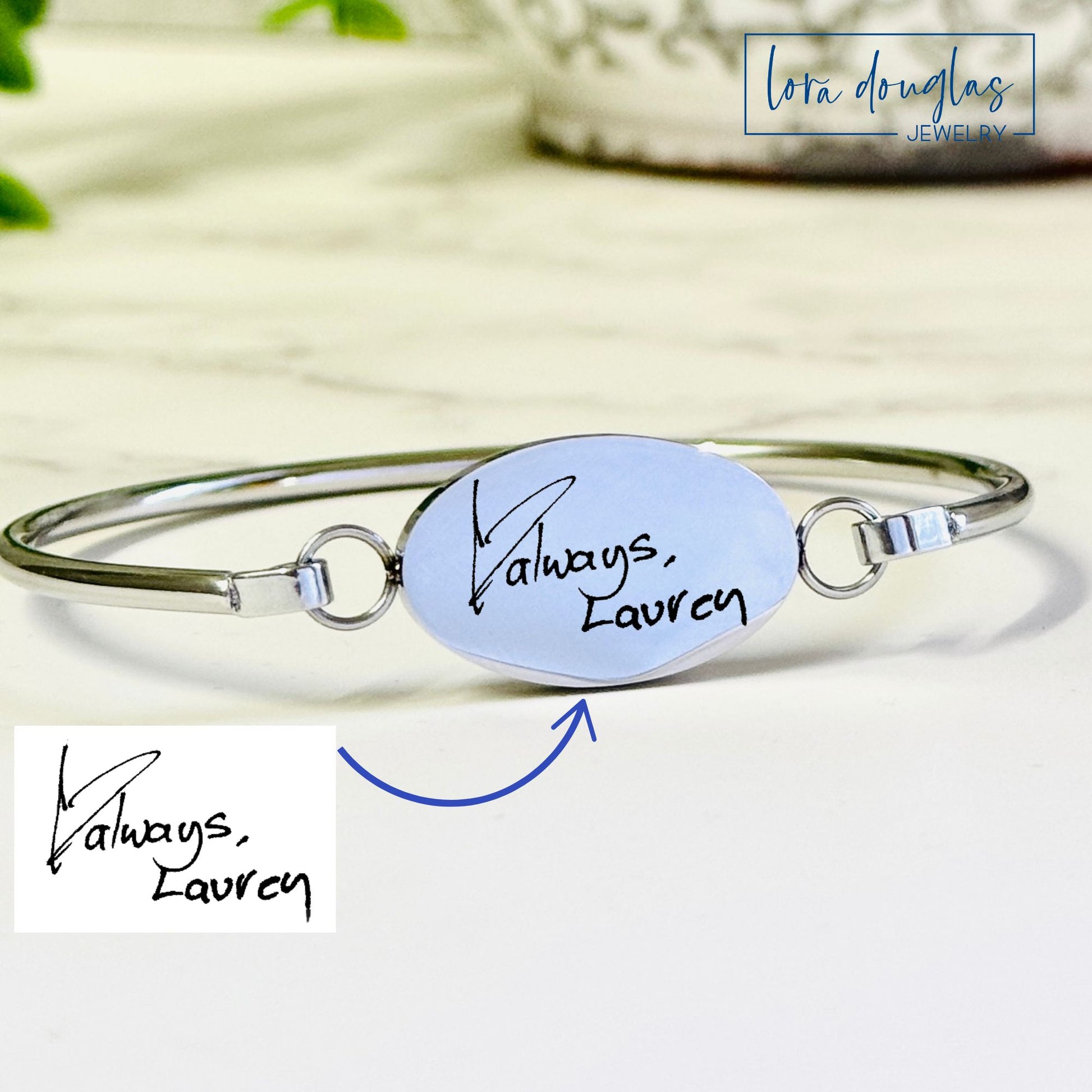 silver oval bracelet with custom handwriting engraving