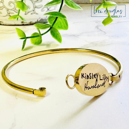 Personalized gold or silver oval bangle bracelet engraved with your actual handwriting