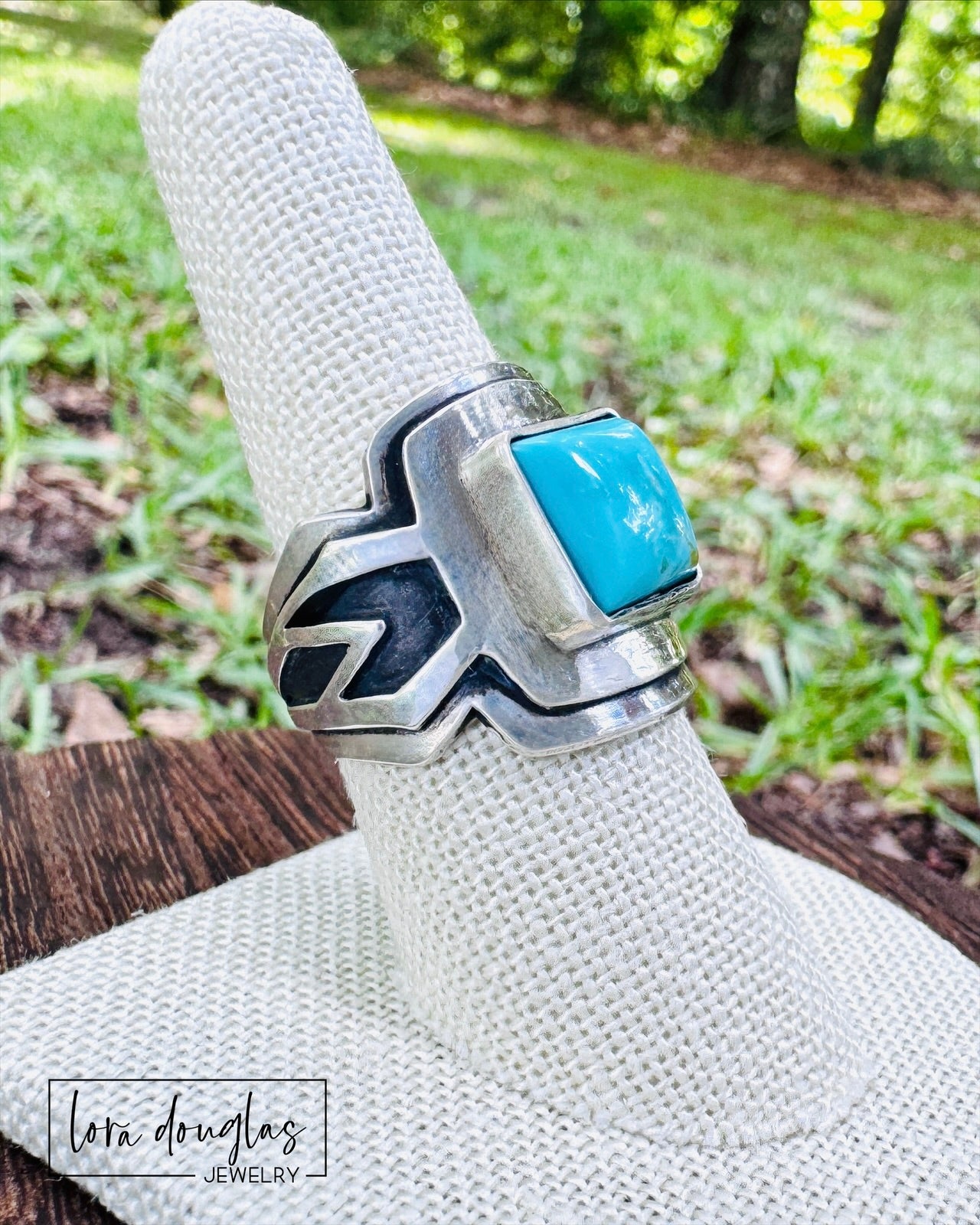 genuine Kingsman Turquoise ring handcrafted in solid .925 sterling silver with a bold square turquoise cabochon, one of a kind artisan statement ring featuring layered saddle style construction and bezel setting