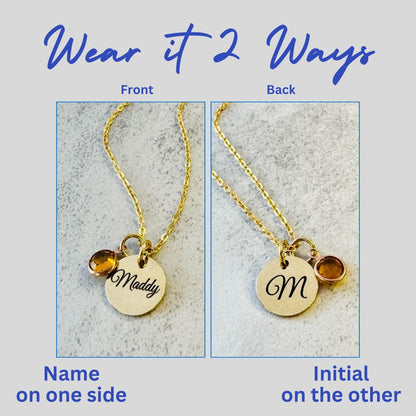 Gold necklace with front and back engraving that can be worn two ways